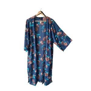 Jessica Simpson Duster Top Blouse Navy Blue Floral Kimono Metallic Chic Size XL